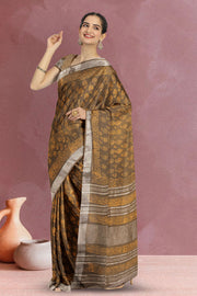 Dark Brown Hand Block Printed Linen Saree 10067365