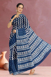 Indigo Blue Bagru Printed Cotton Saree 10019667