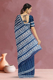Indigo Blue Bagru Printed Cotton Saree 10019667