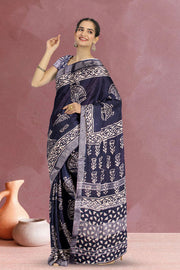 Blue Hand Block Printed linen saree 10070881