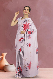 Pink Hand Painted Organza Saree 10065926