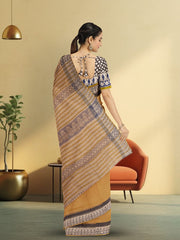 Yellow Hand Block Print Kota Cotton Saree 10074157