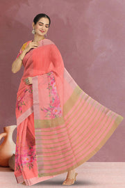 Salmon Pink Fancy Printed Linen Saree 10064866