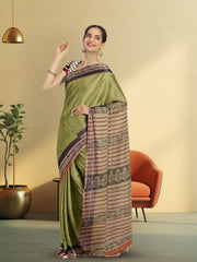 Green Hand Block Print Kota Cotton Saree 10074156