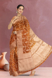 Brown Banarasi Tissue Organza Saree With Sequin Border 10072288