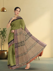 Green Hand Block Print Kota Cotton Saree 10074156