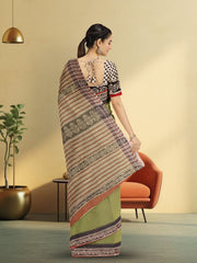 Green Hand Block Print Kota Cotton Saree 10074156