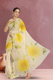 Orange Hand Painted Organza Saree 10065922