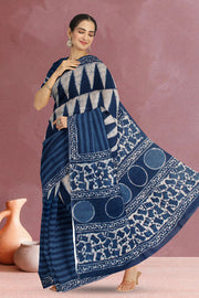 Indigo Blue Bagru Printed Mulmul Cotton Saree 10019672