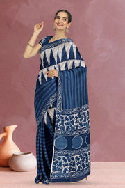 Indigo Blue Bagru Printed Mulmul Cotton Saree 10019672