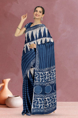 Indigo Blue Bagru Printed Mulmul Cotton Saree 10019672