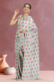 Green Banarasi Organza Saree with Contrast Blouse 10068893