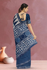 Indigo Blue Bagru Printed Mulmul Cotton Saree 10019672
