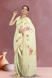 Cream Hand Painted Organza Saree 10065920