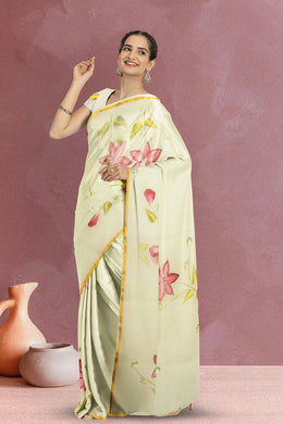 Cream Hand Painted Organza Saree 10065920