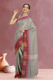 Grey Temple Border Handwoven Kanchi Cotton Saree 10069386