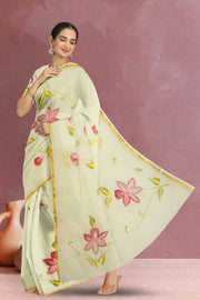Cream Hand Painted Organza Saree 10065920