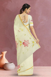 Cream Hand Painted Organza Saree 10065920