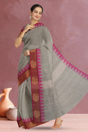 Grey Temple Border Handwoven Kanchi Cotton Saree 10069386