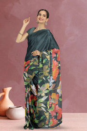 Black Fancy Printed Linen Saree 10070475
