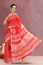 Venetian Red Hand Block Printed Linen Saree 10064442