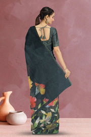 Black Fancy Printed Linen Saree 10070475