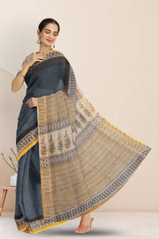Blue Hand Block Print Kota Cotton Saree 10074153