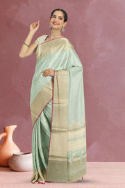 Banarasi Vegan Viscose Organza Saree in Light Green with Ghat Border Design 10067879