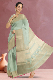 Banarasi Vegan Viscose Organza Saree in Light Green with Ghat Border Design 10067879