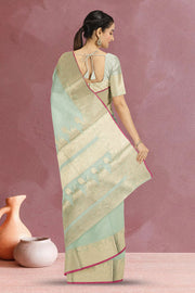 Banarasi Vegan Viscose Organza Saree in Light Green with Ghat Border Design 10067879