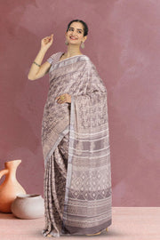 Brown Hand Block Printed linen saree 10070892