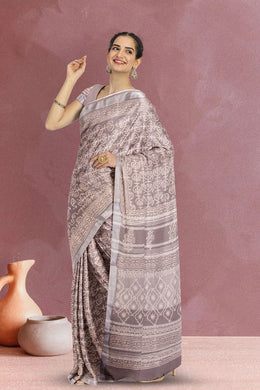 Brown Hand Block Printed linen saree 10070892