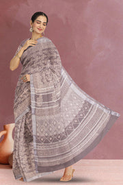 Brown Hand Block Printed linen saree 10070892