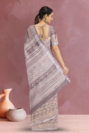 Brown Hand Block Printed linen saree 10070892