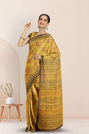 Yellow Hand Block Print Kota Cotton Saree 10074150
