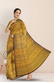 Yellow Hand Block Print Kota Cotton Saree 10074150