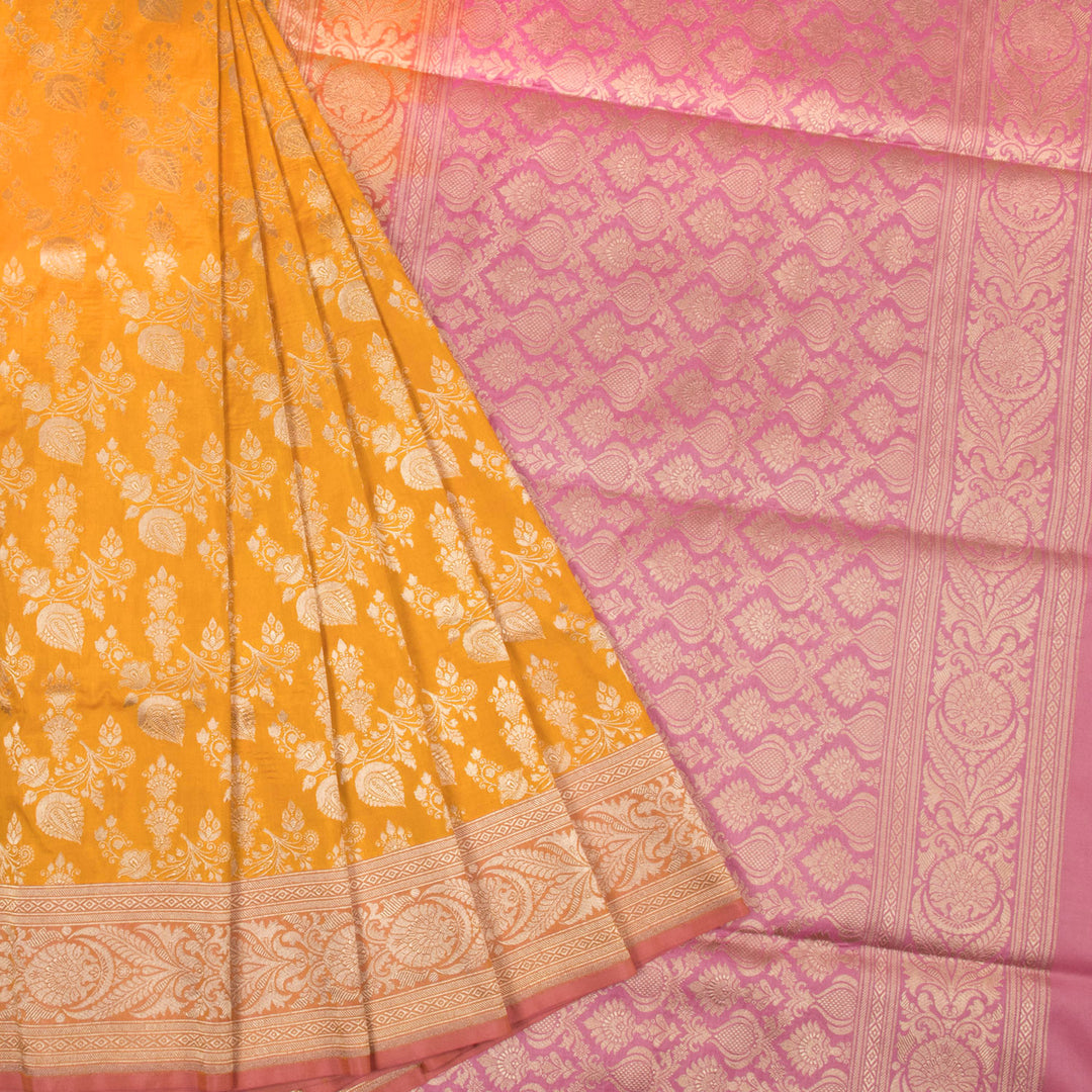 Saffron Yellow Handloom Banarasi Katan Silk Saree 10063197
