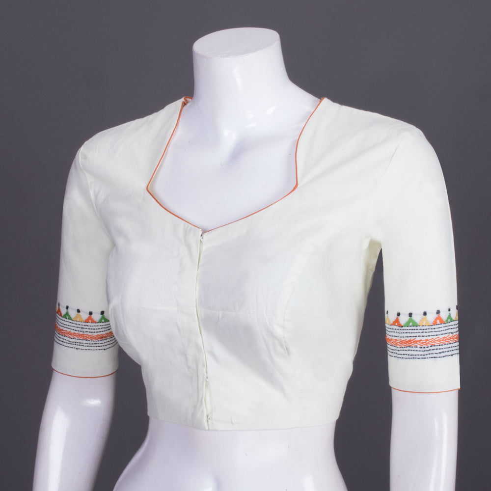 Cream Kantha Embroidered Cotton Blouse 10069526 - Avishya
