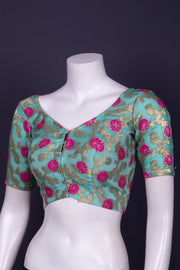 Blue Banarasi Organza Blouse with Floral Motif 10076217
