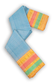 Cloudy Sky Blue Kanjivaram Pure Silk Saree With Stripes Design And Thandavalam Border 10076768