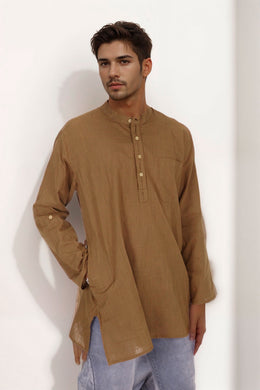 Brown Full Sleeve Slub Cotton Solid Style Men's Kurta 10074252
