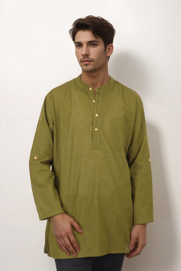 Green Full Sleeve Slub Cotton Solid Style Men's Kurta 10074249