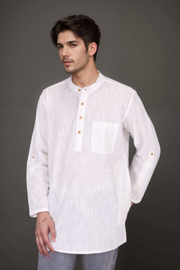White Full Sleeve Slub Cotton Solid Style Men's Kurta 10074247