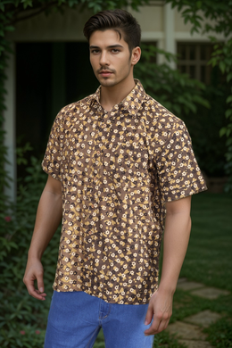 Grey Half Sleeve Ajrakh Printed Cotton Mens Shirt 10073169