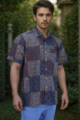 Blue Half Sleeve Ajrakh Printed Cotton Mens Shirt 10073048