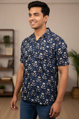 Blue Half Sleeve Jahota Printed Cotton Mens Shirt 10074324