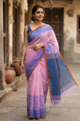 Pink Bengal Handwoven Jamdani Style Cotton Saree 10075332