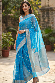 Copper Sulphate Blue Banarasi Organza Saree 10063847