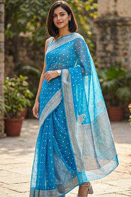 Copper Sulphate Blue Banarasi Organza Saree 10063847
