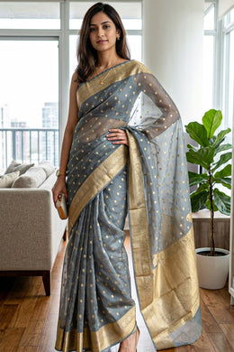 Grey Banarasi Organza Saree 10063849